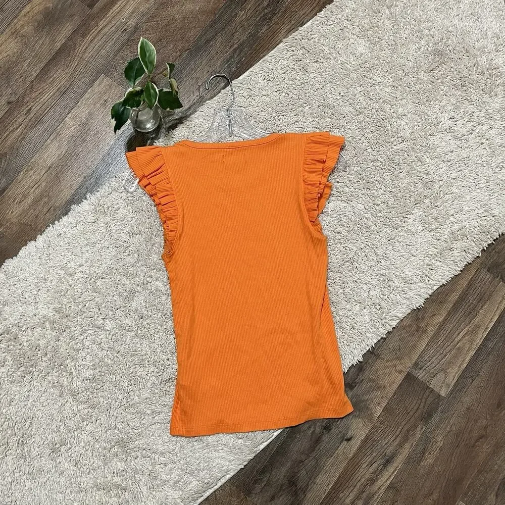 J.Crew XS Earthy Vibrant Orange Ribbed Ruffle Popover Classic Versatile Tank Top - Picture 6 of 6